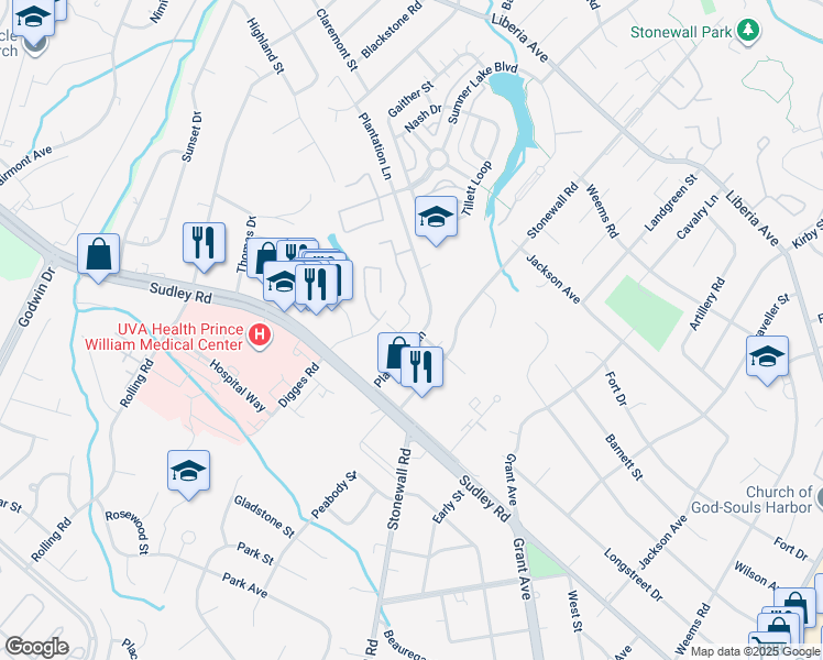 map of restaurants, bars, coffee shops, grocery stores, and more near 8637 Braxted Lane in Manassas