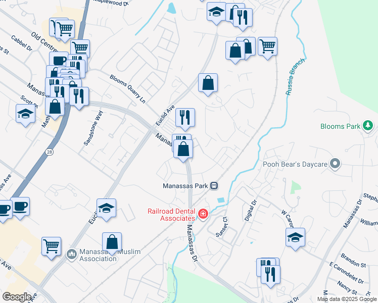 map of restaurants, bars, coffee shops, grocery stores, and more near Dabney Drive in Manassas Park
