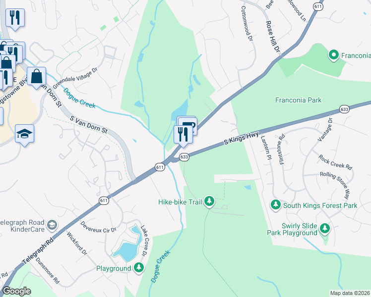 map of restaurants, bars, coffee shops, grocery stores, and more near 6937 Telegraph Road in Alexandria