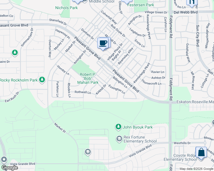 map of restaurants, bars, coffee shops, grocery stores, and more near 1016 Essington Lane in Roseville