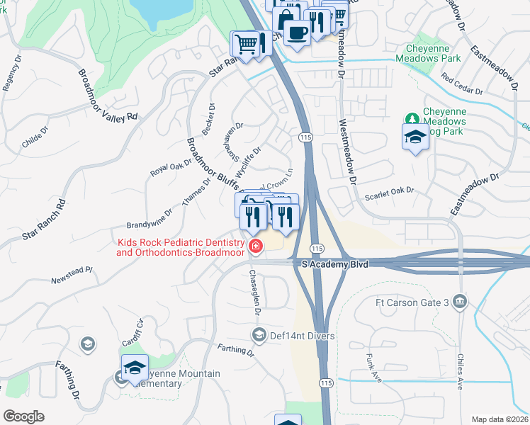 map of restaurants, bars, coffee shops, grocery stores, and more near 555 Cougar Bluff Point in Colorado Springs