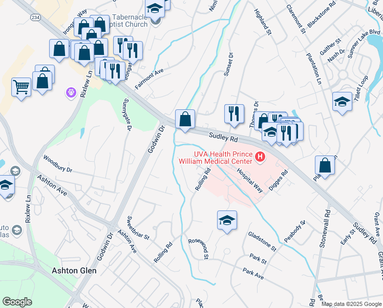 map of restaurants, bars, coffee shops, grocery stores, and more near 9953 Grapewood Court in Manassas