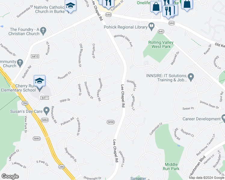 map of restaurants, bars, coffee shops, grocery stores, and more near 6743 Stonecutter Drive in Burke