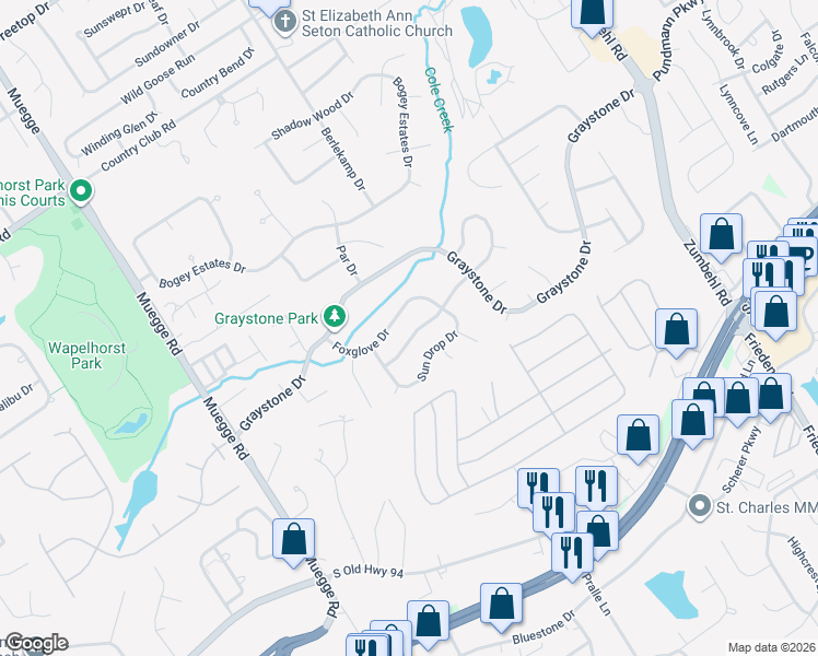 map of restaurants, bars, coffee shops, grocery stores, and more near 1704 Foxglove Drive in Saint Charles