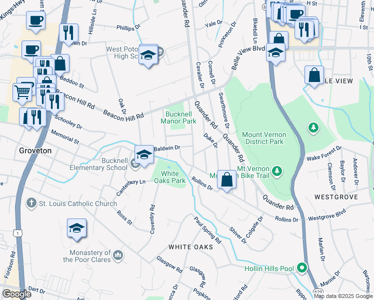 map of restaurants, bars, coffee shops, grocery stores, and more near 2231 Mary Baldwin Drive in Alexandria