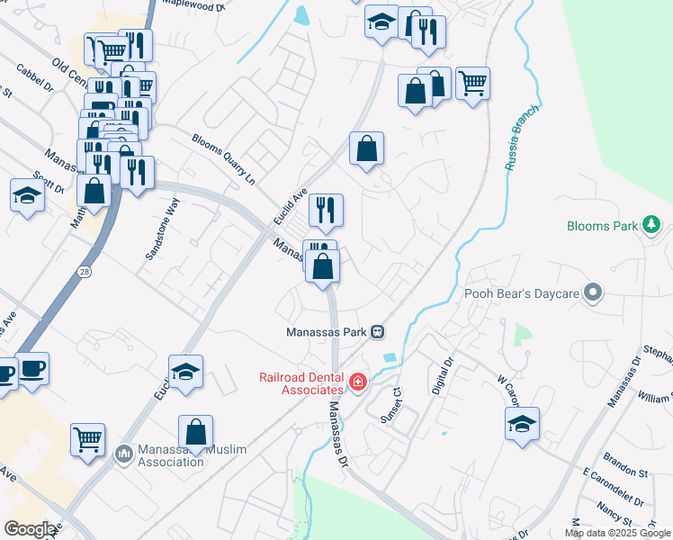 map of restaurants, bars, coffee shops, grocery stores, and more near 1002 Mays Lane in Manassas Park