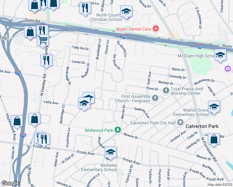 map of restaurants, bars, coffee shops, grocery stores, and more near 8322 Buddie Drive in Hazelwood