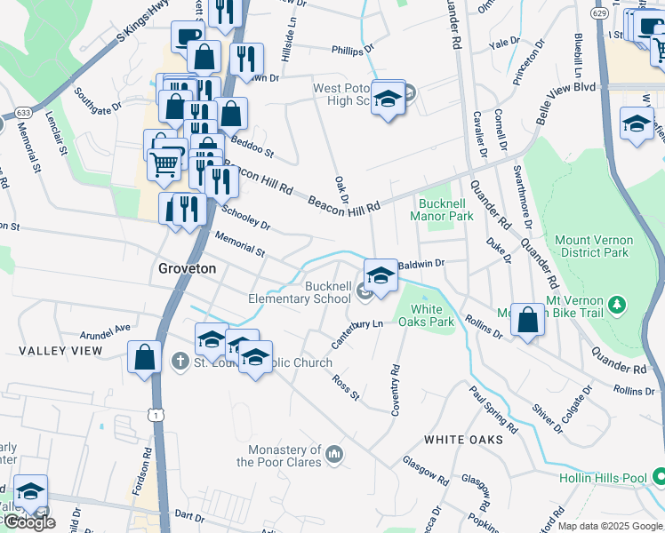 map of restaurants, bars, coffee shops, grocery stores, and more near 6904 Westhampton Drive in Alexandria