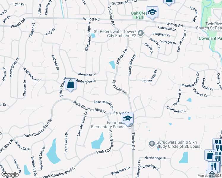 map of restaurants, bars, coffee shops, grocery stores, and more near 1214 Summerwood Drive in St. Peters