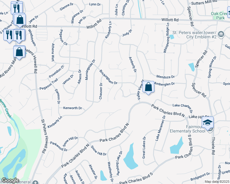 map of restaurants, bars, coffee shops, grocery stores, and more near 1817 Fairwood Forest Drive in St. Peters