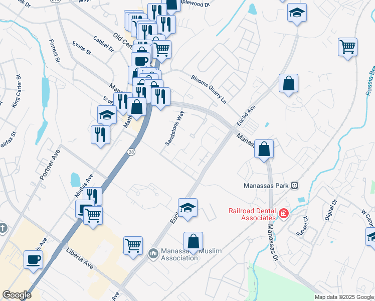 map of restaurants, bars, coffee shops, grocery stores, and more near 8515 General Way in Manassas Park