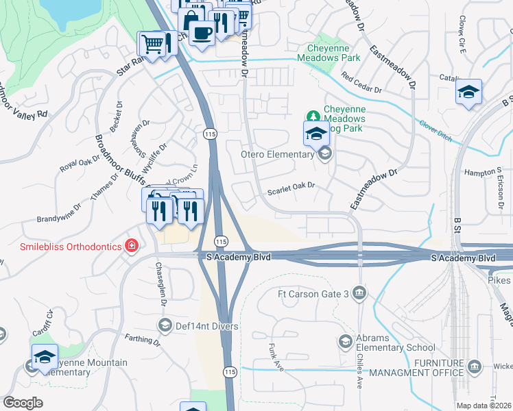 map of restaurants, bars, coffee shops, grocery stores, and more near 1012 Scarlet Oak Drive in Colorado Springs