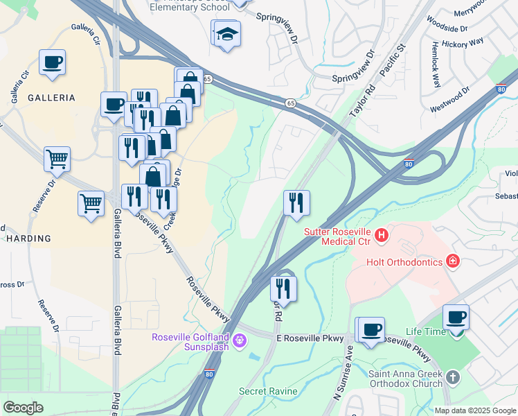 map of restaurants, bars, coffee shops, grocery stores, and more near 1298 Antelope Creek Drive in Roseville