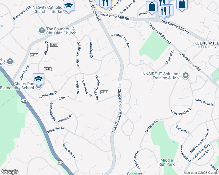 map of restaurants, bars, coffee shops, grocery stores, and more near 6743 Stonecutter Drive in Burke