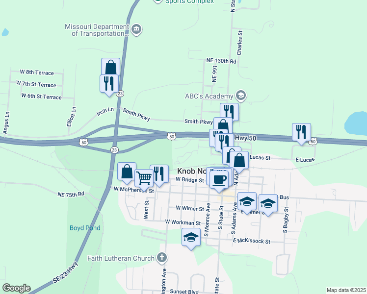 map of restaurants, bars, coffee shops, grocery stores, and more near 398 West Ash Drive in Knob Noster