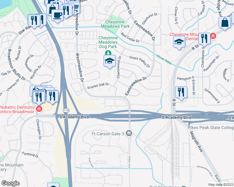 map of restaurants, bars, coffee shops, grocery stores, and more near 1162 Scarlet Oak Drive in Colorado Springs