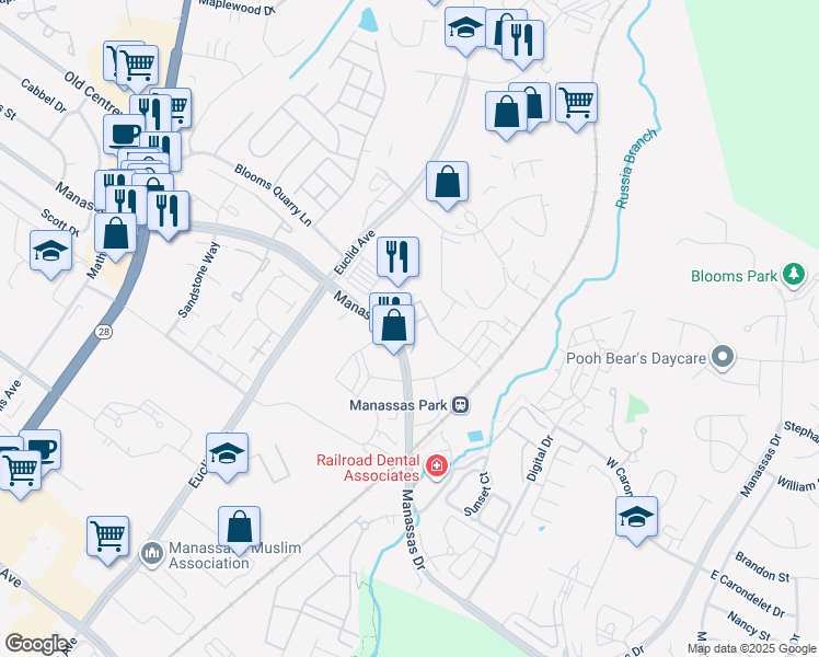map of restaurants, bars, coffee shops, grocery stores, and more near 9108 Manassas Drive in Manassas Park