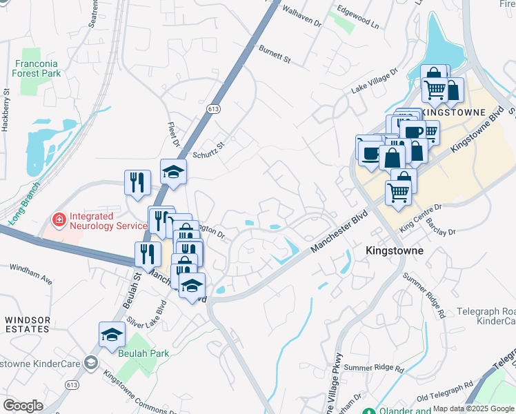 map of restaurants, bars, coffee shops, grocery stores, and more near 6120 Manchester Lakes Drive in Alexandria