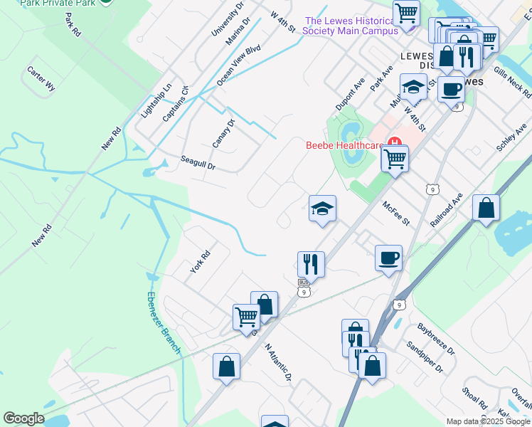 map of restaurants, bars, coffee shops, grocery stores, and more near 18 Sussex Drive in Lewes