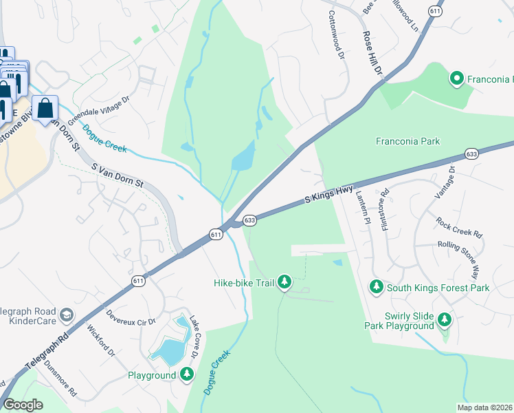 map of restaurants, bars, coffee shops, grocery stores, and more near 6940 South Kings Highway in Alexandria