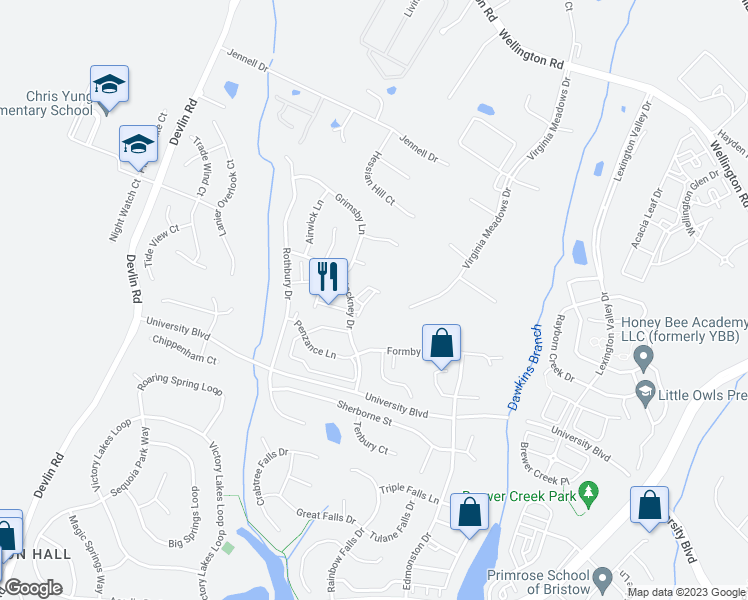 map of restaurants, bars, coffee shops, grocery stores, and more near 8705 Chorley Way in Bristow