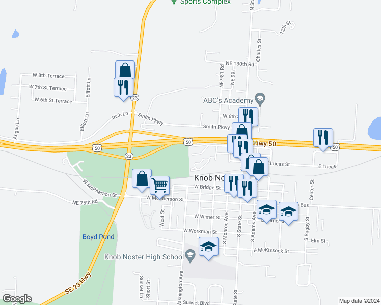 map of restaurants, bars, coffee shops, grocery stores, and more near 404 West Ash Drive in Knob Noster