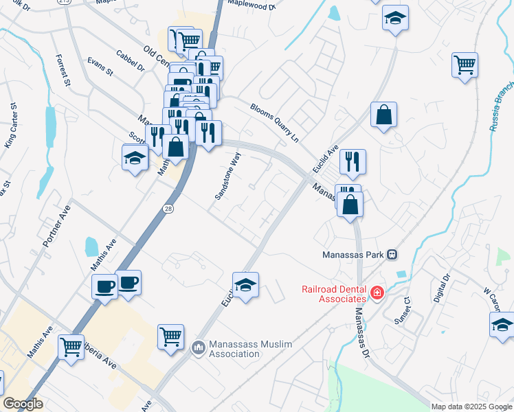 map of restaurants, bars, coffee shops, grocery stores, and more near 8638 Madera Court in Manassas