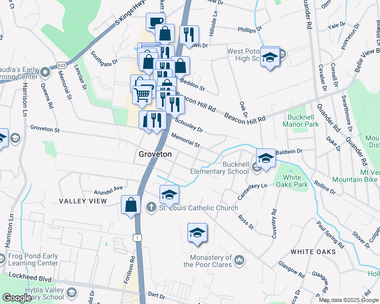 map of restaurants, bars, coffee shops, grocery stores, and more near 2814 East Side Drive in Alexandria
