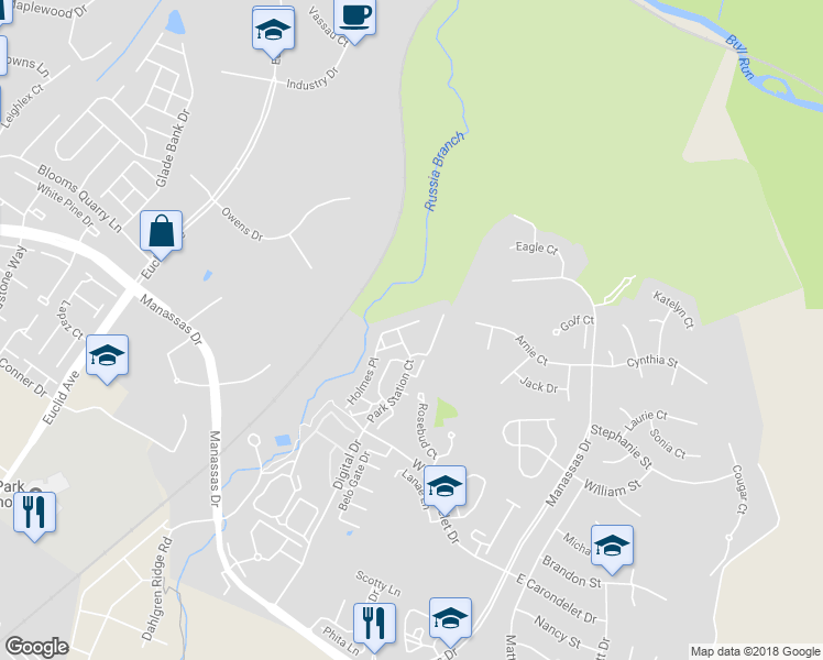map of restaurants, bars, coffee shops, grocery stores, and more near 9752 Corbett Place in Manassas Park