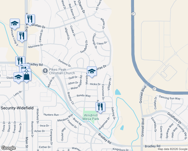 map of restaurants, bars, coffee shops, grocery stores, and more near 5230 Alturas Drive in Colorado Springs