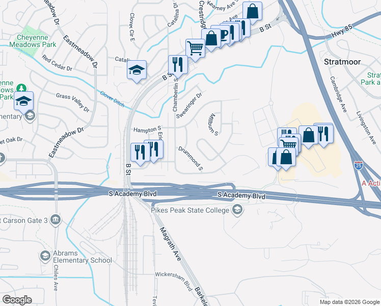 map of restaurants, bars, coffee shops, grocery stores, and more near 4326 Axtell Street South in Colorado Springs