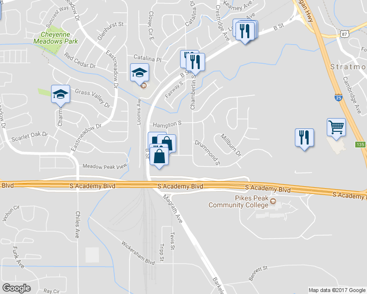 map of restaurants, bars, coffee shops, grocery stores, and more near 4323 Ericson Drive in Colorado Springs