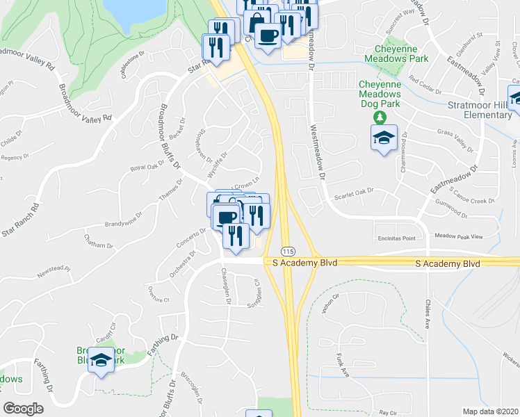 map of restaurants, bars, coffee shops, grocery stores, and more near 4343 Timberview Point in Colorado Springs