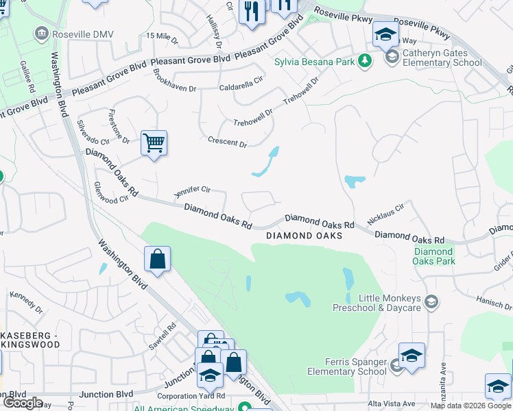 map of restaurants, bars, coffee shops, grocery stores, and more near 337 Ironwood Circle in Roseville
