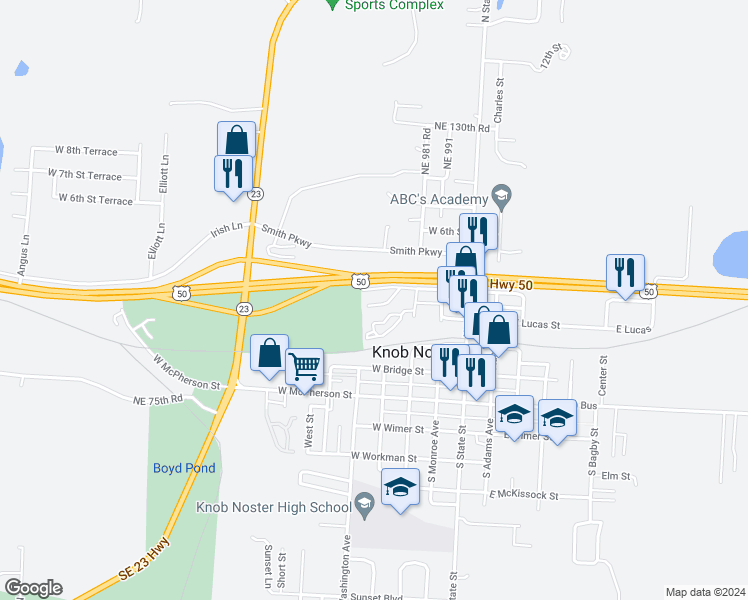 map of restaurants, bars, coffee shops, grocery stores, and more near 404 West Ash Drive in Knob Noster