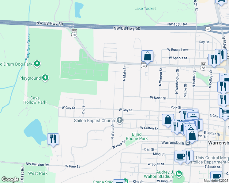 map of restaurants, bars, coffee shops, grocery stores, and more near 514 North Water Street in Warrensburg