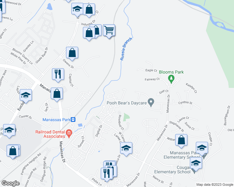 map of restaurants, bars, coffee shops, grocery stores, and more near 9760 Corbett Place in Manassas Park