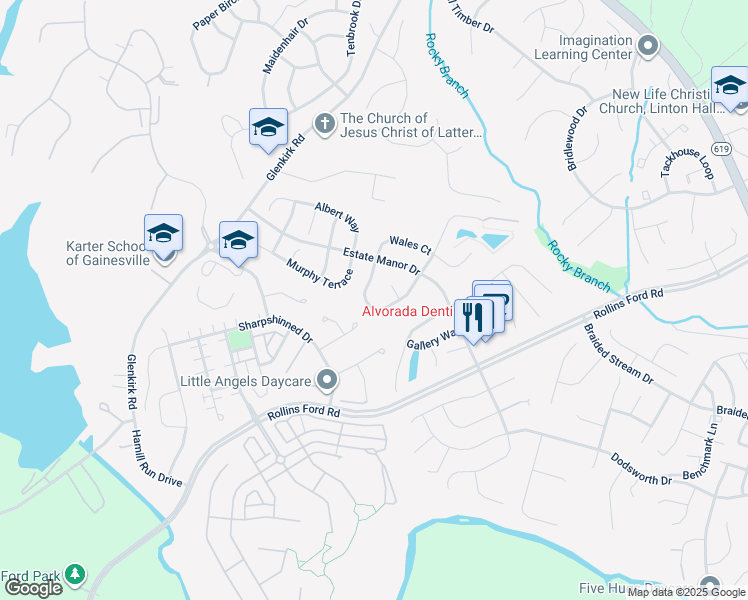 map of restaurants, bars, coffee shops, grocery stores, and more near 8729 Lords View Loop in Gainesville