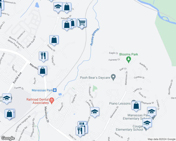 map of restaurants, bars, coffee shops, grocery stores, and more near 9762 Corbett Place in Manassas Park