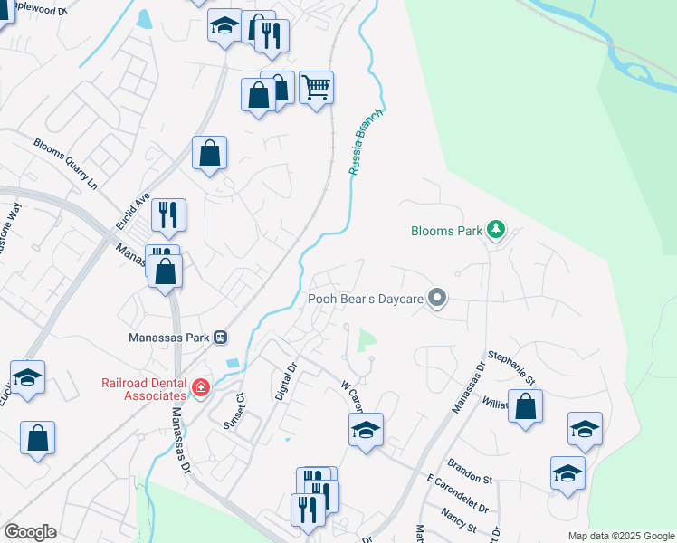 map of restaurants, bars, coffee shops, grocery stores, and more near 9791 Corbett Place in Manassas Park