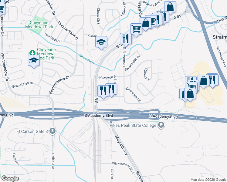 map of restaurants, bars, coffee shops, grocery stores, and more near 4336 Ericson Drive in Colorado Springs
