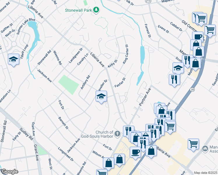 map of restaurants, bars, coffee shops, grocery stores, and more near 8644 Liberia Avenue in Manassas