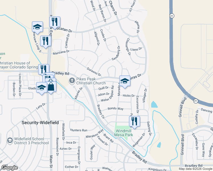 map of restaurants, bars, coffee shops, grocery stores, and more near 5230 Quill Drive in Colorado Springs