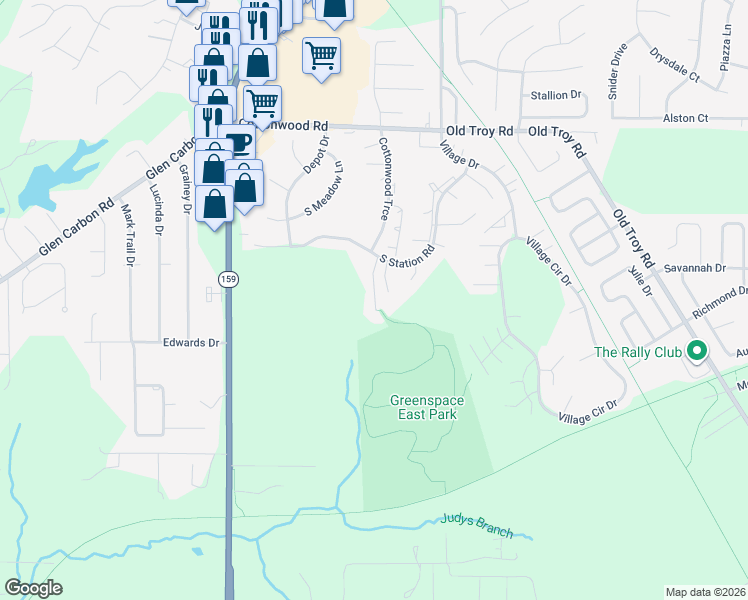 map of restaurants, bars, coffee shops, grocery stores, and more near 20 South Trace Court in Glen Carbon