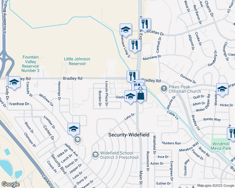 map of restaurants, bars, coffee shops, grocery stores, and more near 4297 Perryville Point in Colorado Springs