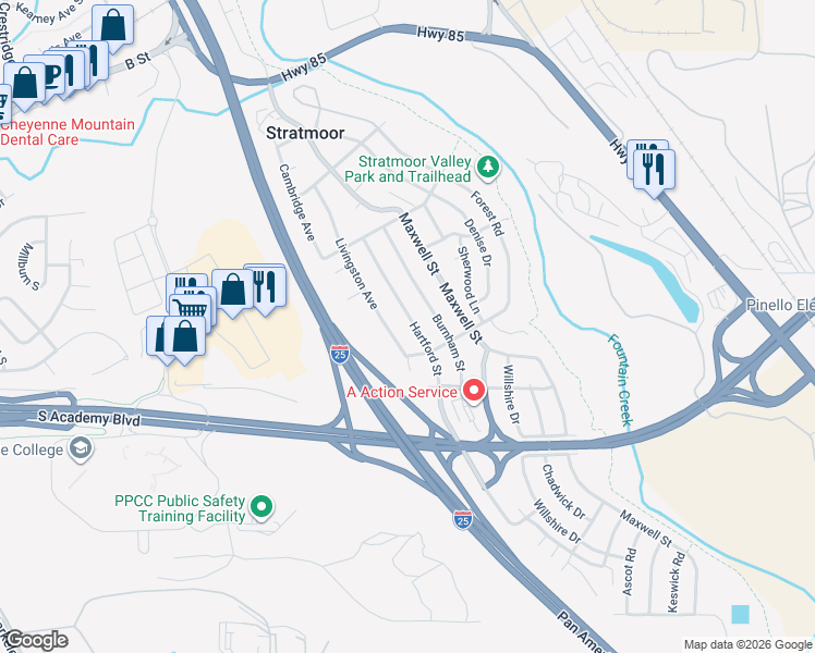 map of restaurants, bars, coffee shops, grocery stores, and more near 1230 Burnham Street in Colorado Springs