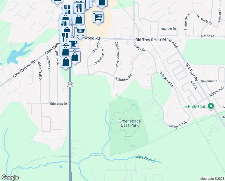 map of restaurants, bars, coffee shops, grocery stores, and more near 16 South Trace Court in Glen Carbon