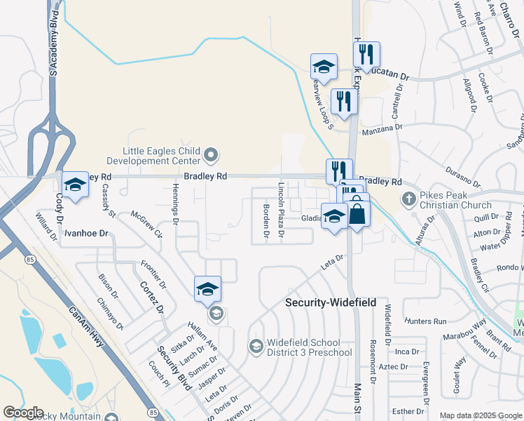 map of restaurants, bars, coffee shops, grocery stores, and more near 4425 Witches Hollow Lane in Colorado Springs