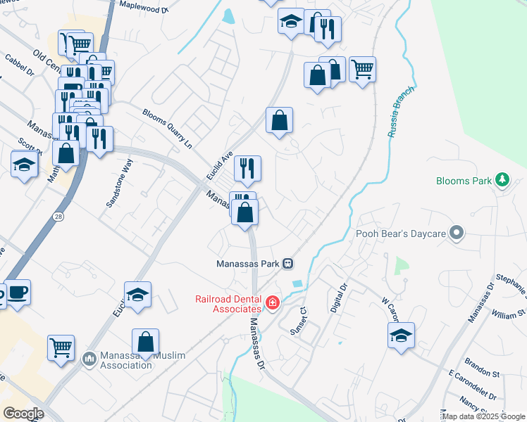 map of restaurants, bars, coffee shops, grocery stores, and more near 1012 Mays Lane in Manassas Park