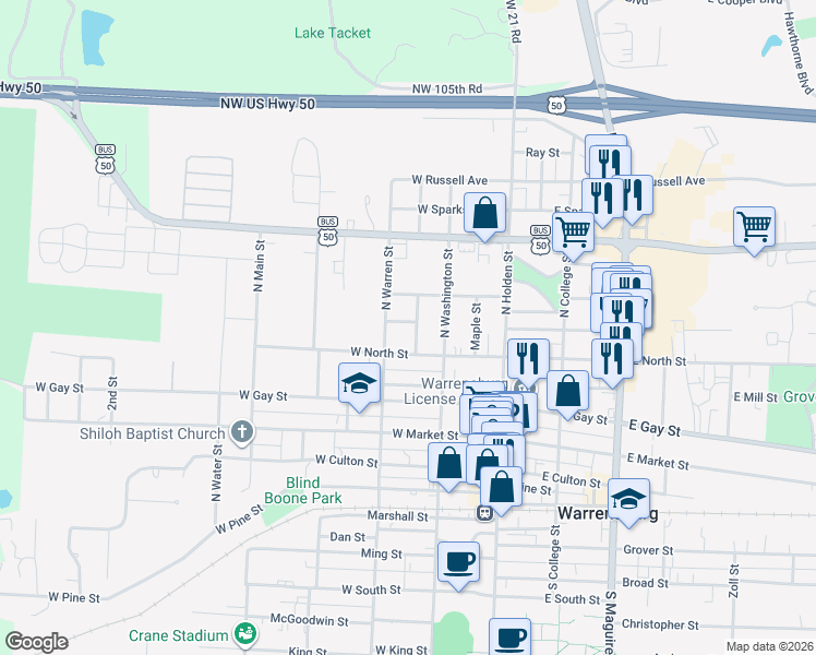map of restaurants, bars, coffee shops, grocery stores, and more near 213 Lobban Street in Warrensburg